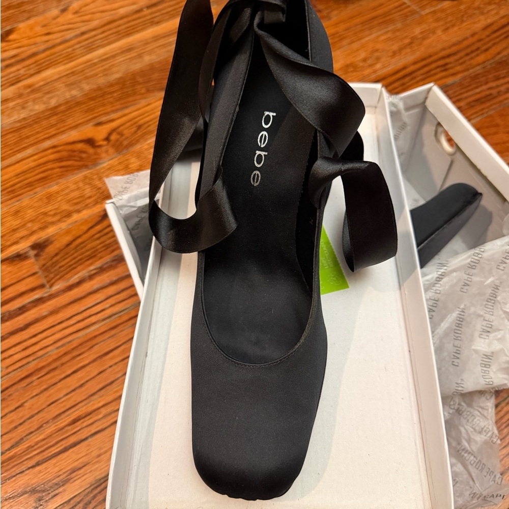 bebe Black Satin Ribbon Ballet Heels. Vintage purchased in 2000. Never worn